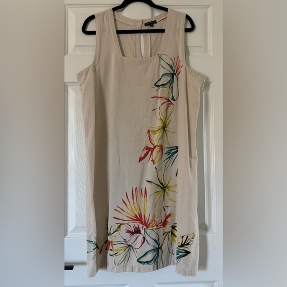 For Cynthia Beige With Floral Design Linen Blend Midi Dress